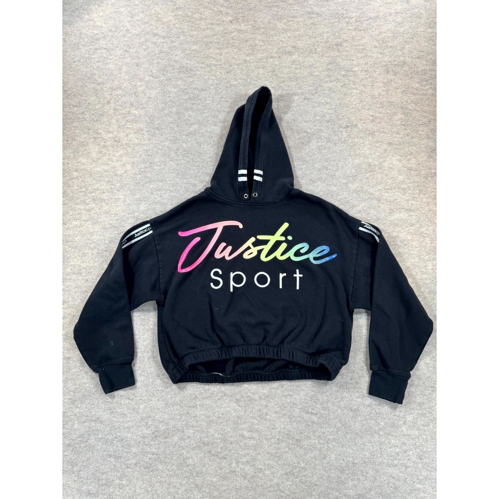 Justice Sport Girls Black Rainbow Glitter Graphic Cropped Hoodie Size S